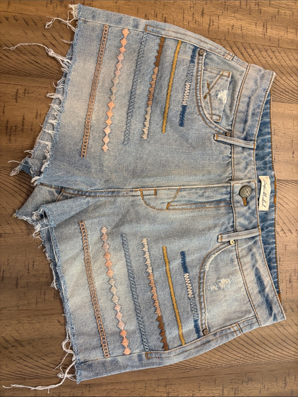 Light Blue Embroidered Denim Shorts with Frayed Hem 813